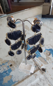 Adorne - Statement Raffia Chandelier Earrings - Black/Gold