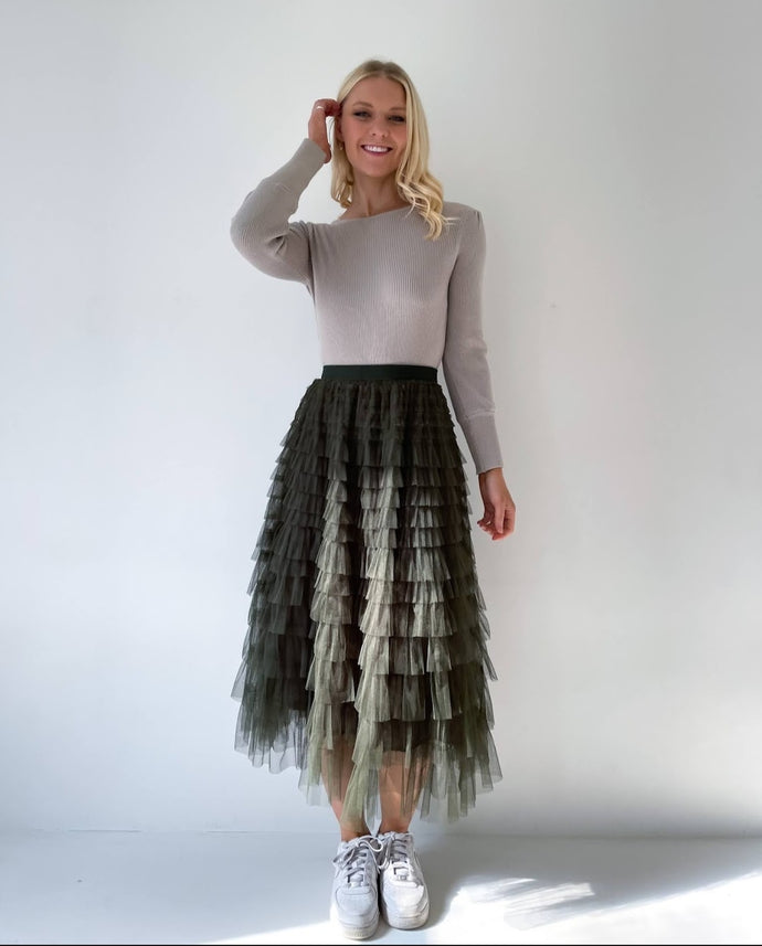 Mesh Ruffle Tier Skirt - Olive