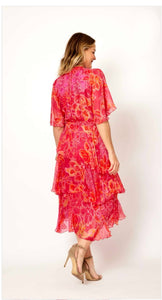 La Strada - Layered Cross over Dress - Hot pink and Orange print