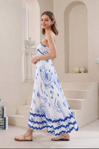 Grecian Wave  Dress - White/Blue