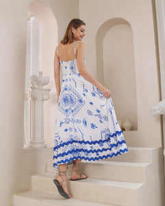 Grecian Wave  Dress - White/Blue