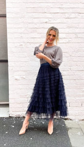 Mesh Ruffle Tier Skirt - Navy