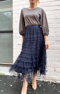 Mesh Ruffle Tier Skirt - Navy