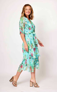 La Strada - Layered Cross over Dress - Mint/ Hot pink print