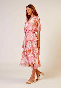 La Strada - Silk Layered Cross over Dress - Multi Pretty Pink Floral Print