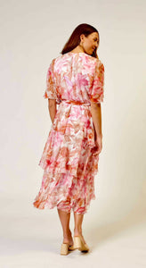 La Strada - Silk Layered Cross over Dress - Multi Pretty Pink Floral Print