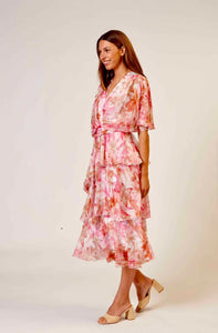 La Strada - Silk Layered Cross over Dress - Multi Pretty Pink Floral Print