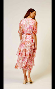 La Strada - Silk Layered Cross over Dress - Multi Pretty Pink Floral Print