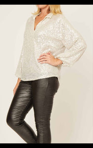 La Strada - V Neck Sequin Top - Beige