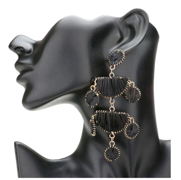 Adorne - Statement Raffia Chandelier Earrings - Black/Gold