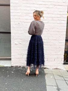 Mesh Ruffle Tier Skirt - Navy