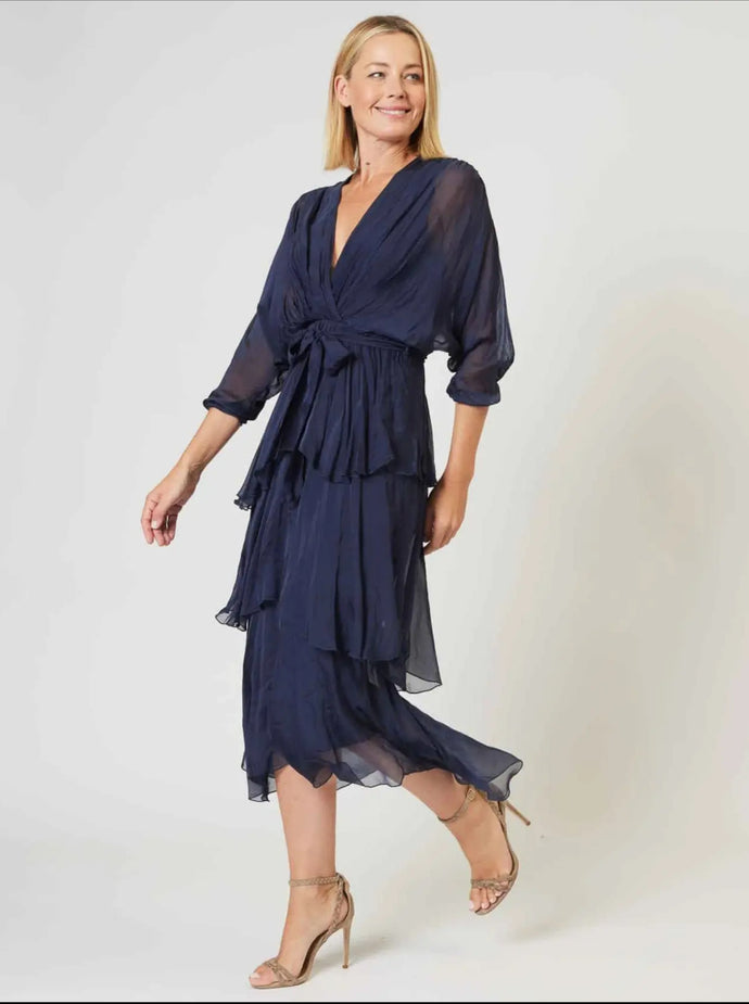 LA STRADA - Cross over Neckline Silk Dress - long sleeve - Navy